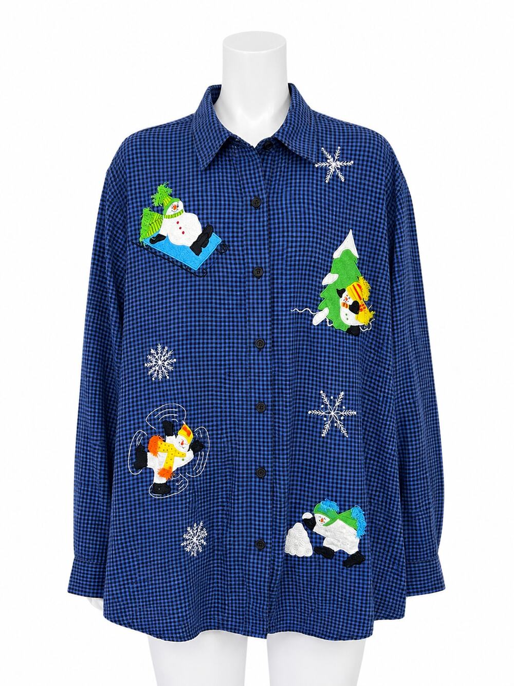 Christmas Snowman Embroidered Gingham Teacher Holiday Shirt Lemon Grass XL